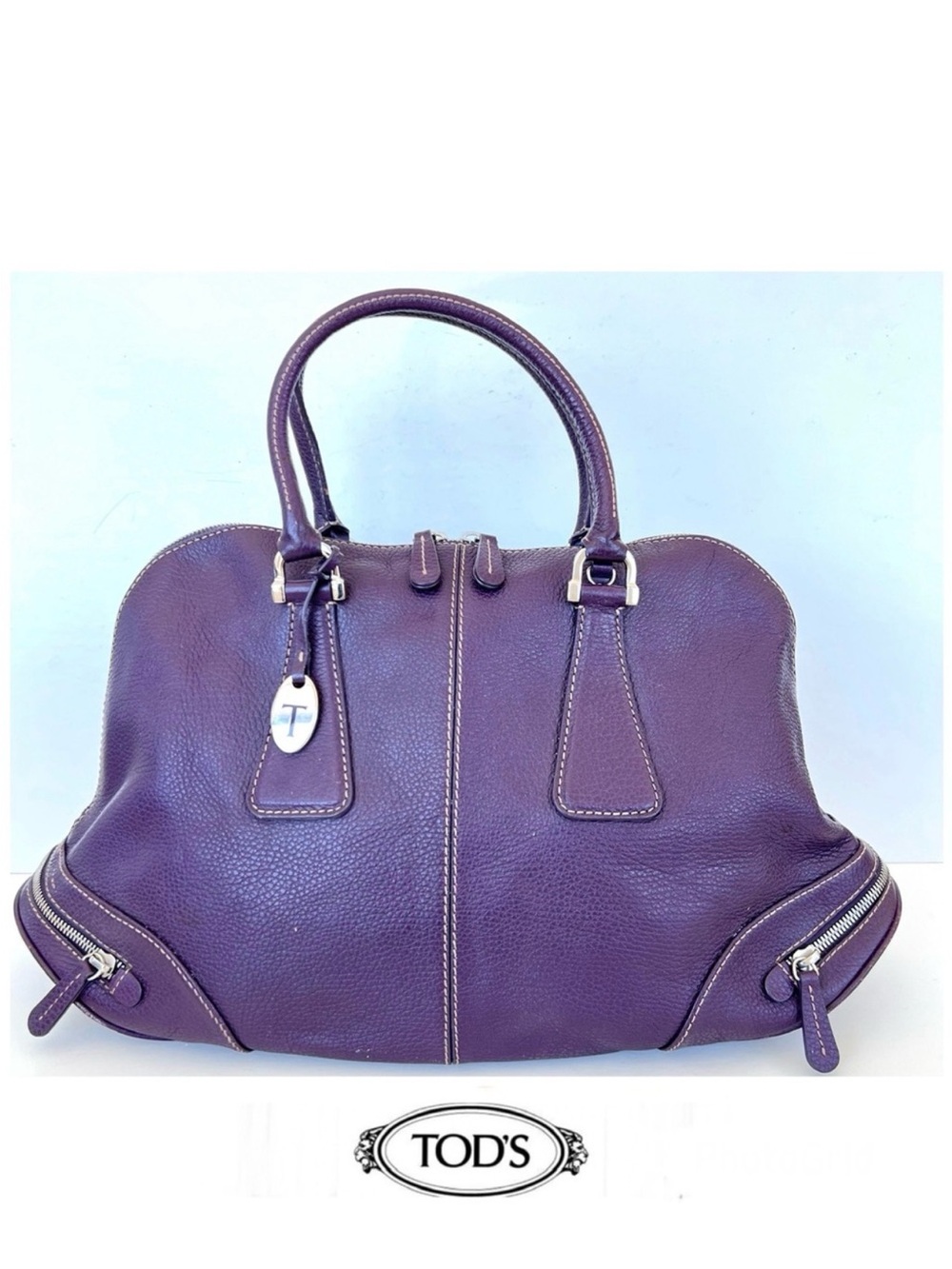 TOD’S Dark Purple Pebbled Leather Stitched Side Pockets Handbag Shoulder Bag
